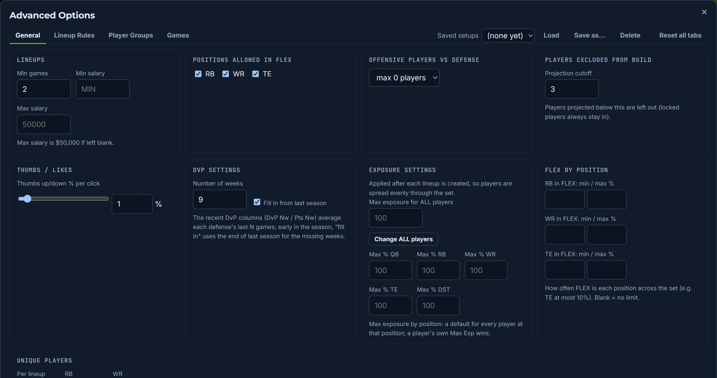 Advanced Options: exposures by position, FLEX split, saved setups